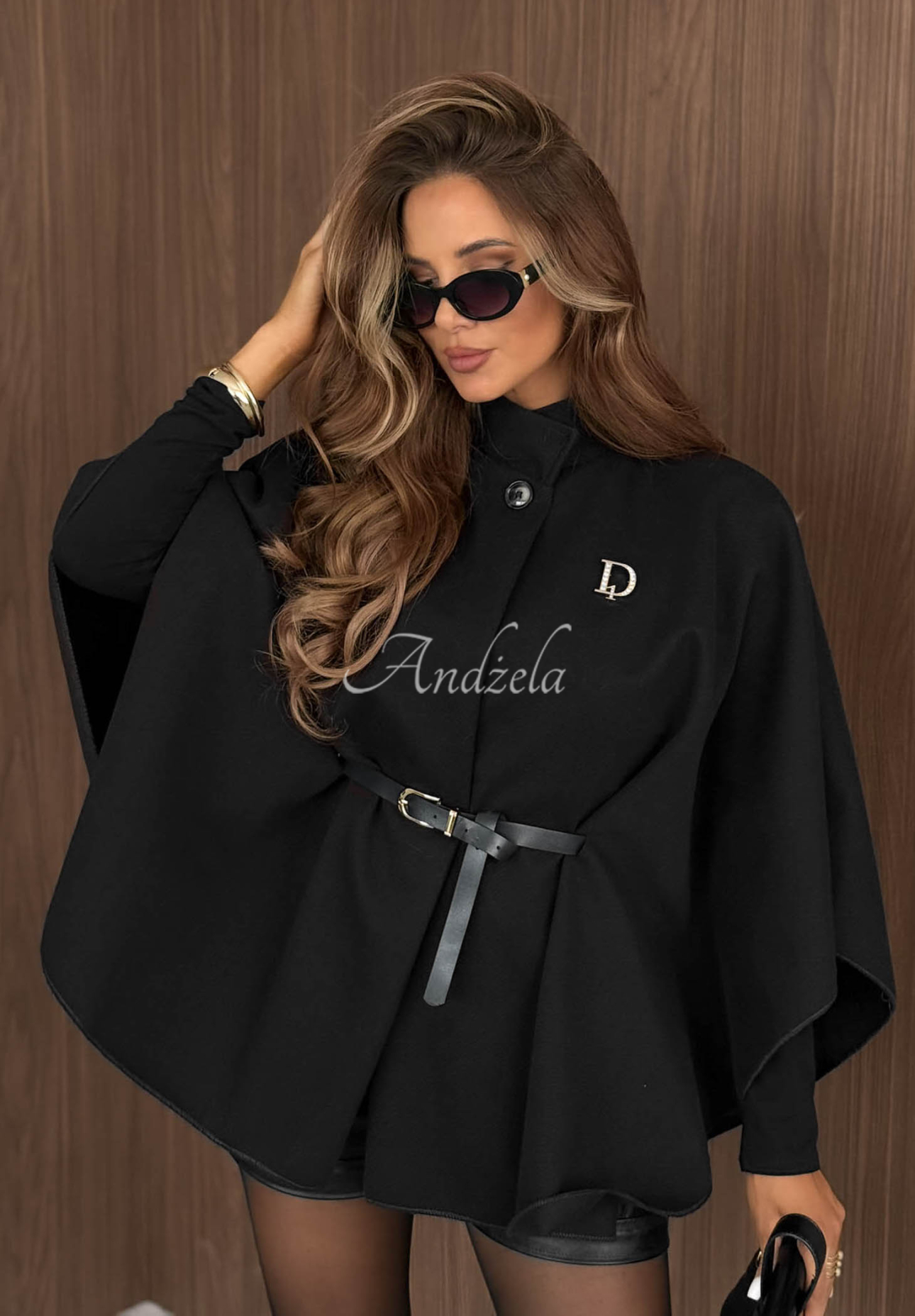 Elegantný kabát pončo s opaskom  Autumn Lady čierne