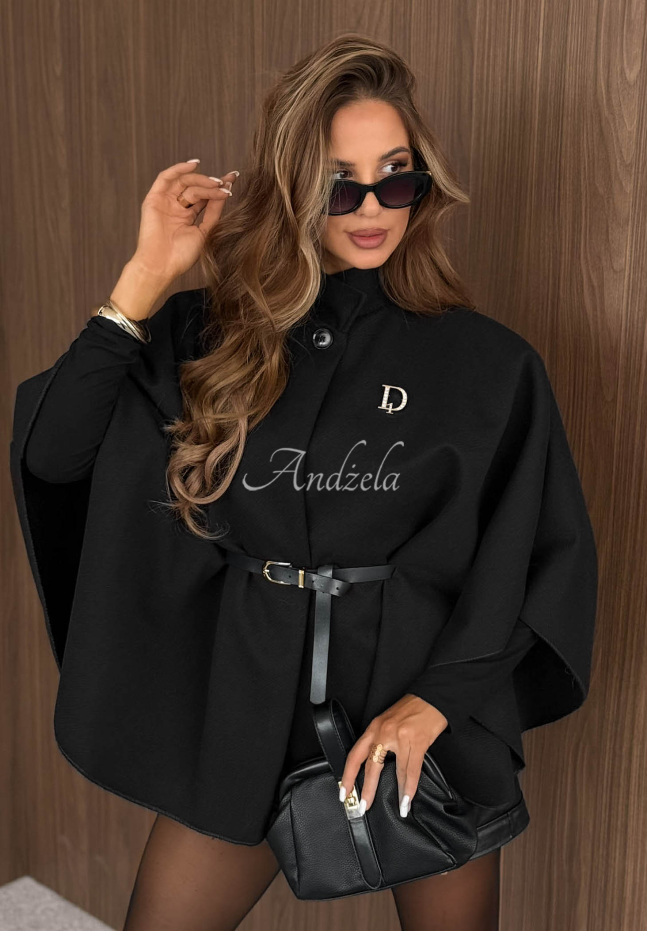 Elegantný kabát pončo s opaskom  Autumn Lady čierne
