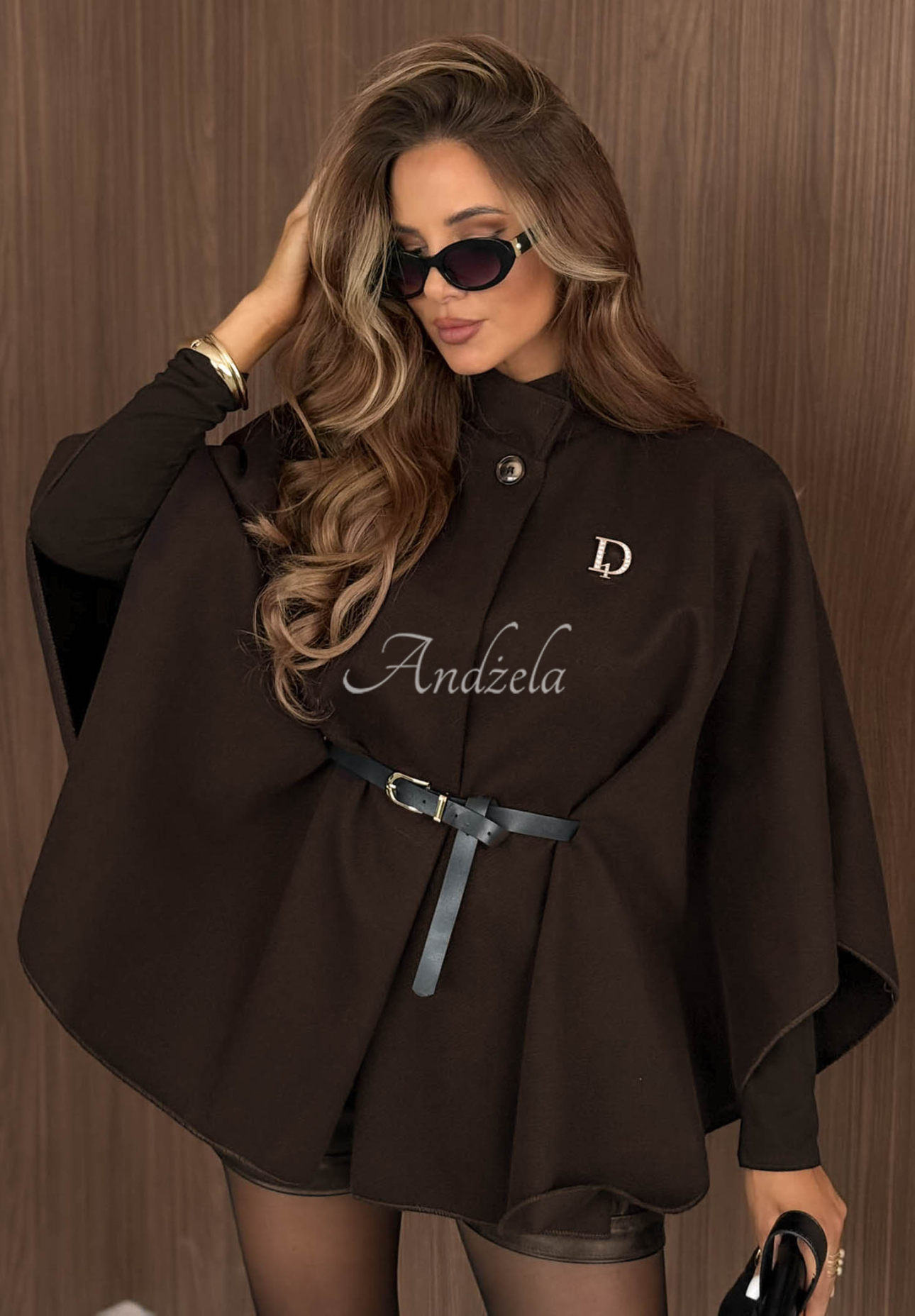 Elegantný kabát pončo s opaskom  Autumn Lady čokoládový