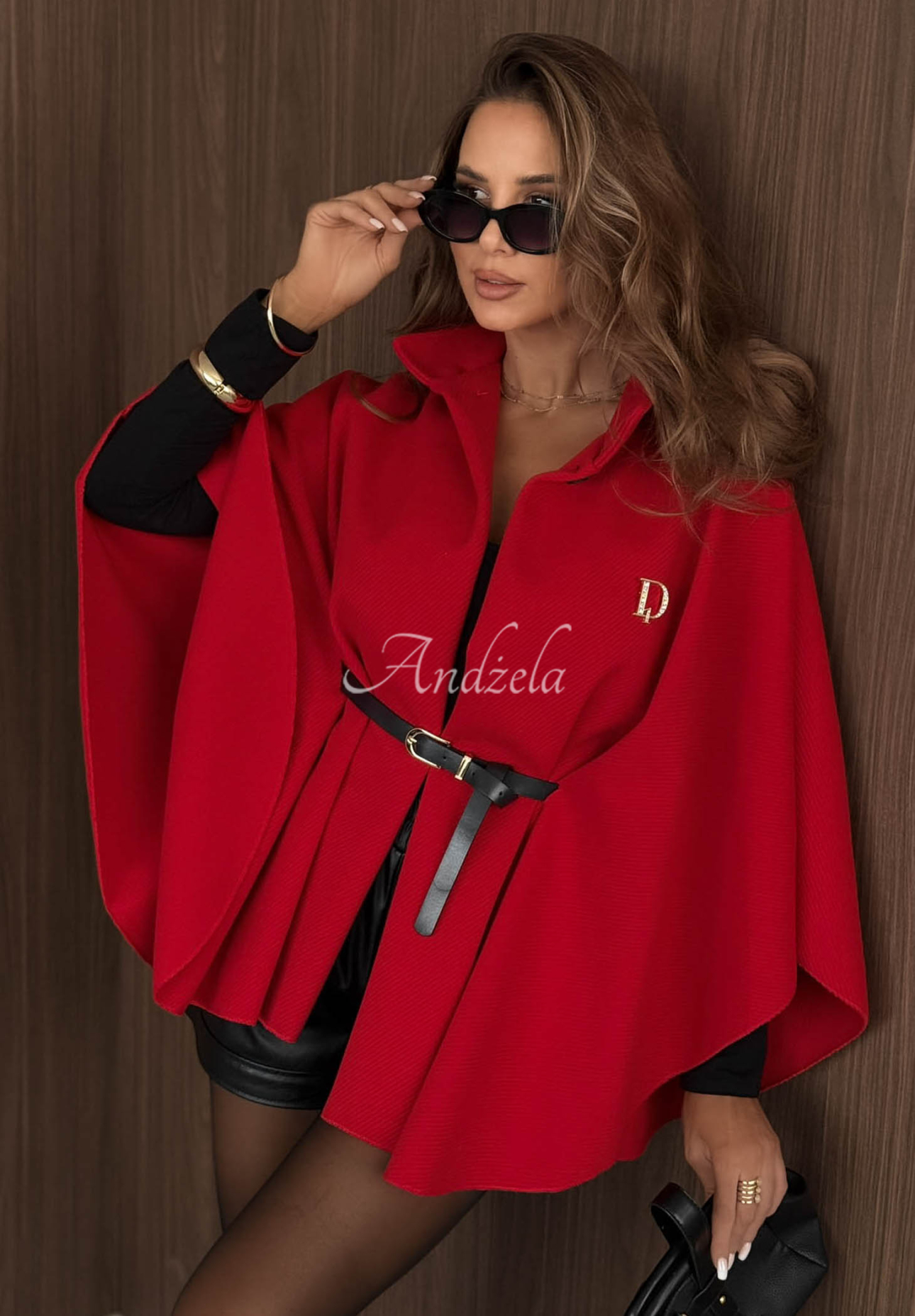 Elegantný kabát pončo s opaskom  Autumn Lady červený