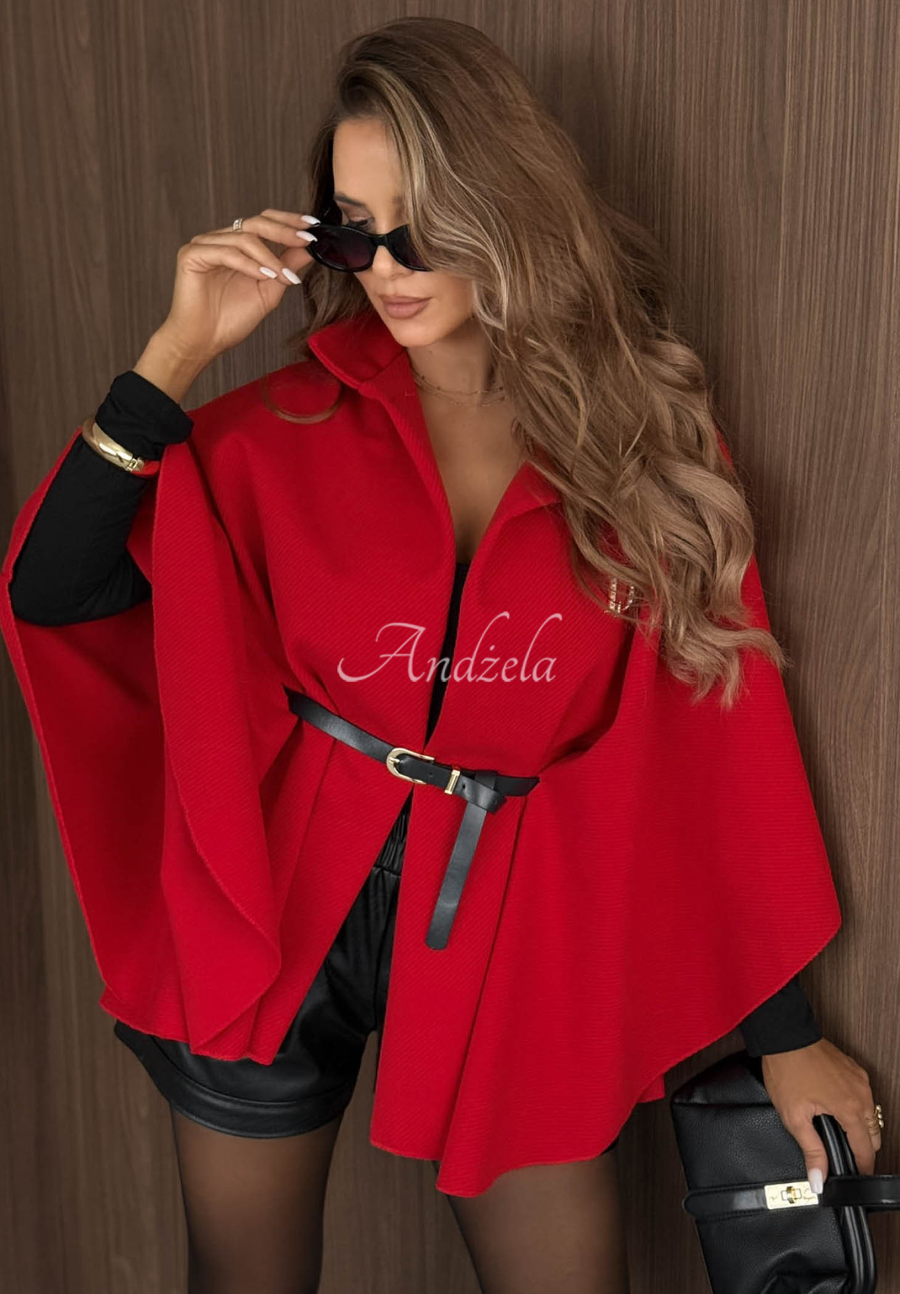 Elegantný kabát pončo s opaskom  Autumn Lady červený