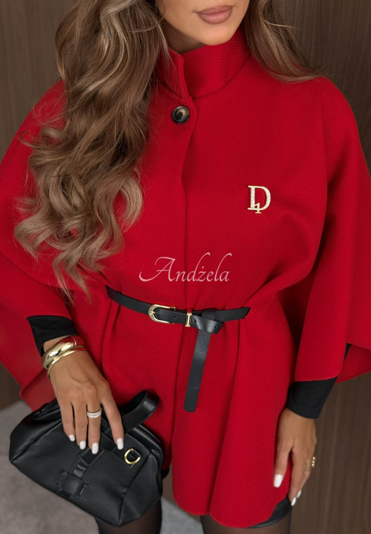 Elegantný kabát pončo s opaskom  Autumn Lady červený