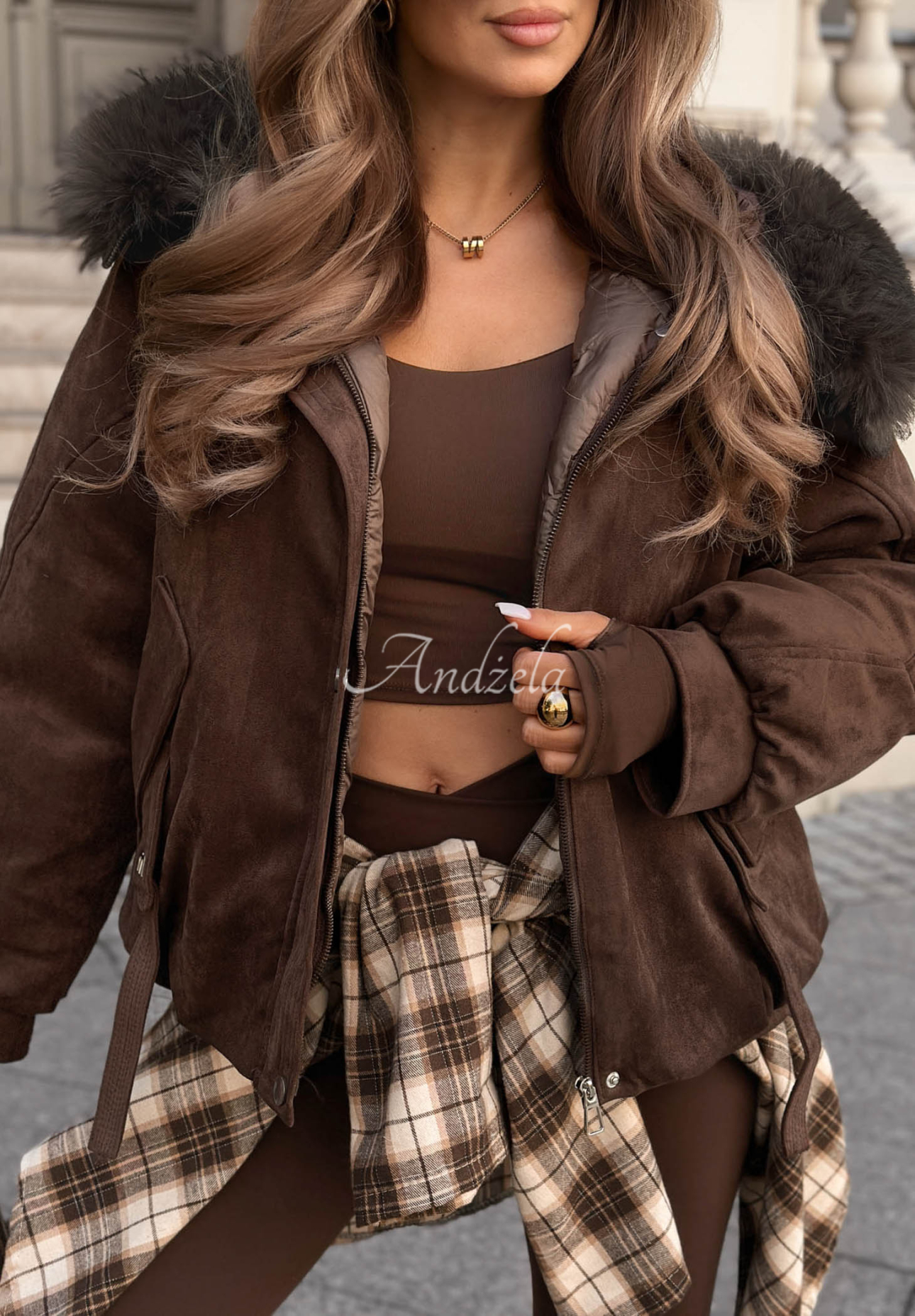 Semišová bunda s kapucňou a kožušinou Winter Babe čokoládová