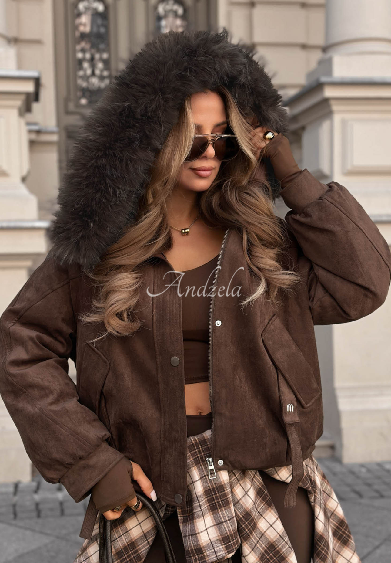 Semišová bunda s kapucňou a kožušinou Winter Babe čokoládová
