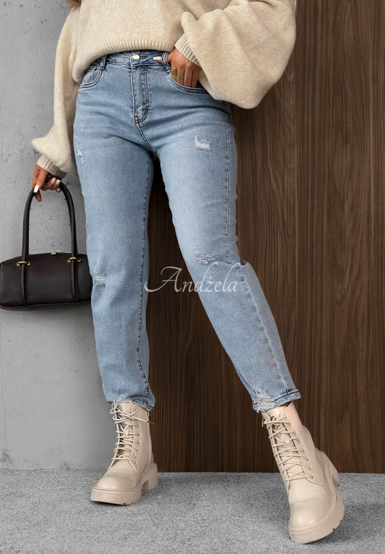 Džínsy mom fit s opaskom Simple Charm svetlomodré