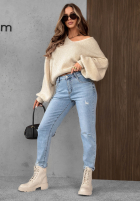 Nohavice džínosové mom fit z paskiem Simple Charm svetlomodré