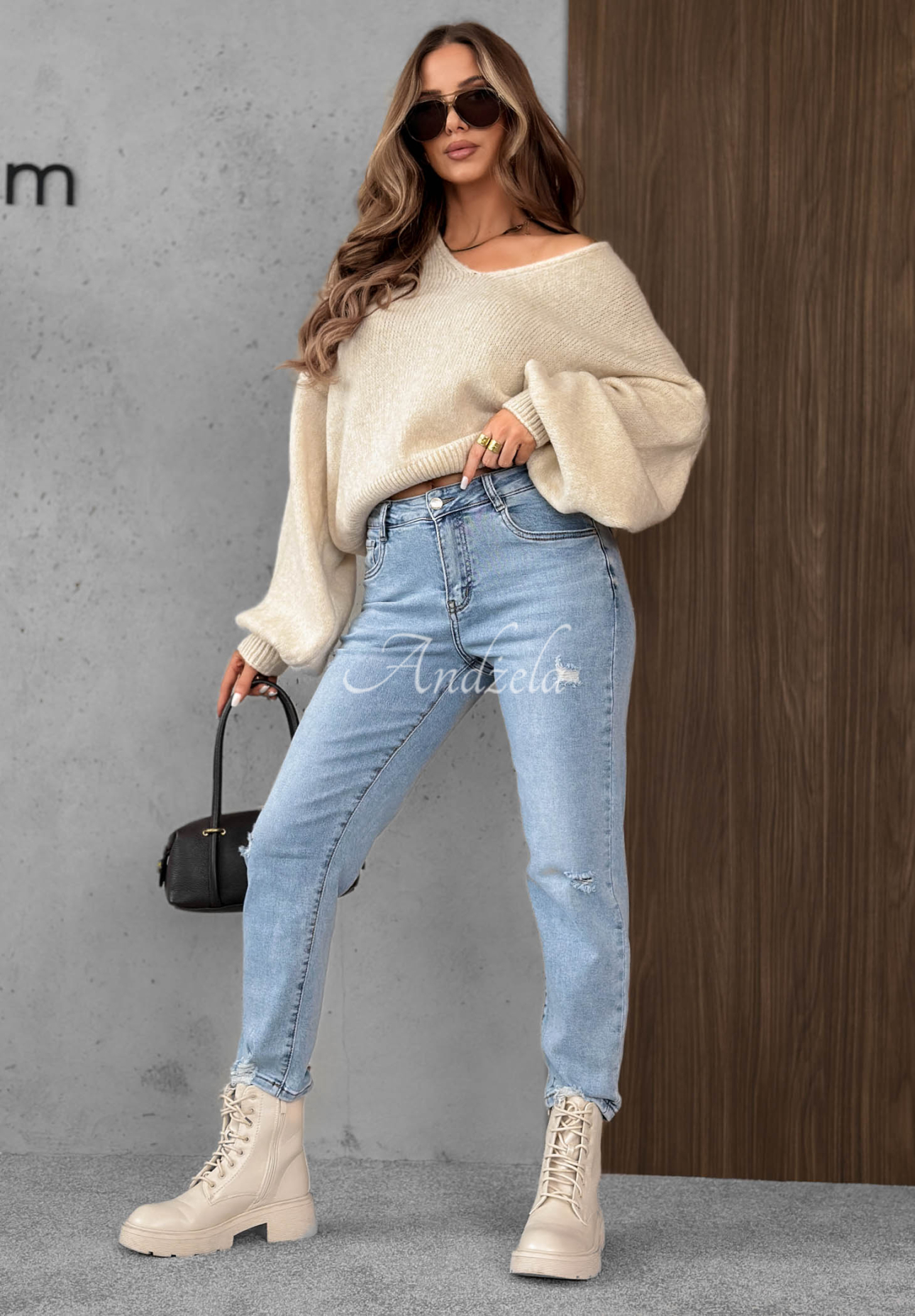 Džínsy mom fit s opaskom Simple Charm svetlomodré