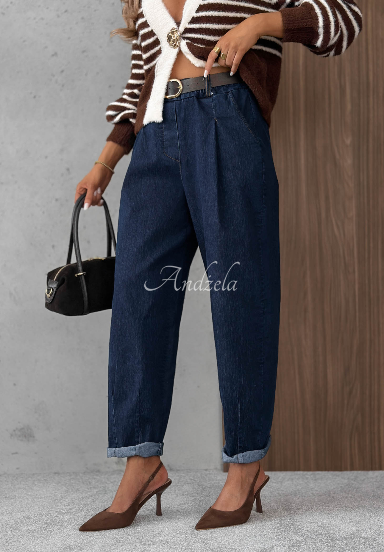 Džínsy mom fit s opaskom Modern Shape tmavomodré