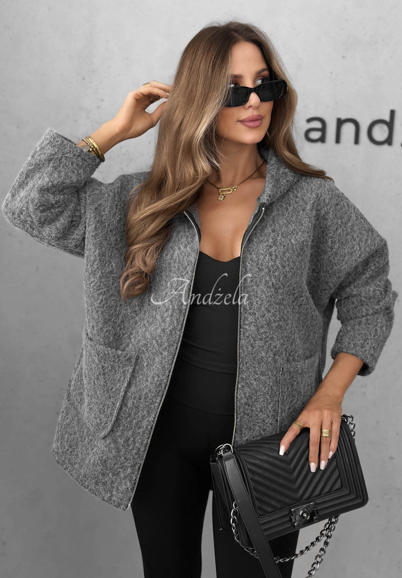 Kožúšková bunda s kapucňou a vreckami Warm Comfort Sivá