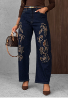 Nohavice džínosové wide leg z haftami Soft Mist tmavomodré