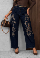 Nohavice džínosové wide leg z haftami Soft Mist tmavomodré