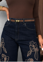 Nohavice džínosové wide leg z haftami Soft Mist tmavomodré