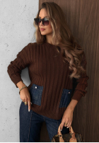 Rebrovaný Sveter z jeansowymi kieszeniami Cozy Grace čokoládový
