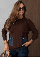 Rebrovaný Sveter z jeansowymi kieszeniami Cozy Grace čokoládový
