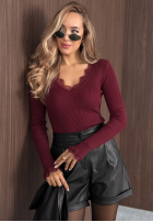 Blúzka longsleeve z dekoltem i koronką Soft Beauty čokoládová