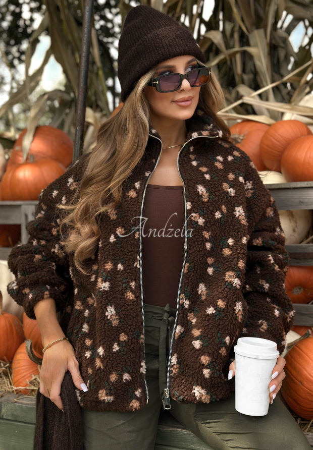 Bunda kož&uacute;&scaron;ok so stojačikom s kvetmi Comfy Bloom čokol&aacute;dov&aacute;