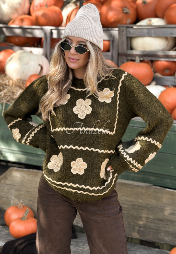 Visk&oacute;zov&yacute; sveter s vy&scaron;&iacute;van&yacute;mi kvetmi Misty Fleur khaki