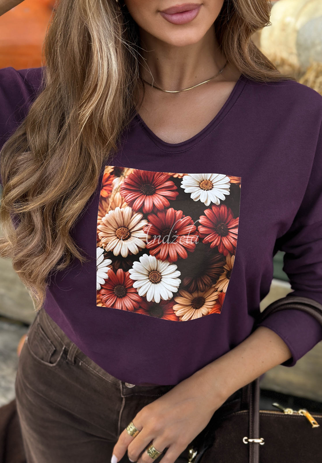 Bavlnená blúzka longsleeve s kvetinovu potlačou Autumn Sweetie čučoriedková