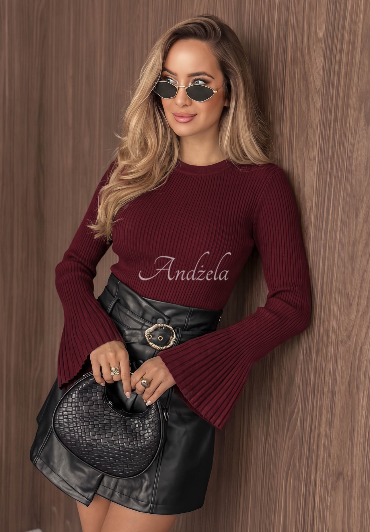 Viskózový rebrovaný sveter so širokými rukávmi Sunny Primrose bordová