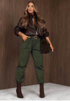 Bawełniane Nohavice mom fit z paskiem Casual Look khaki