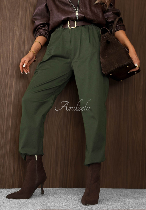 Bavlnen&eacute; nohavice mom fit s opaskom Casual Look khaki