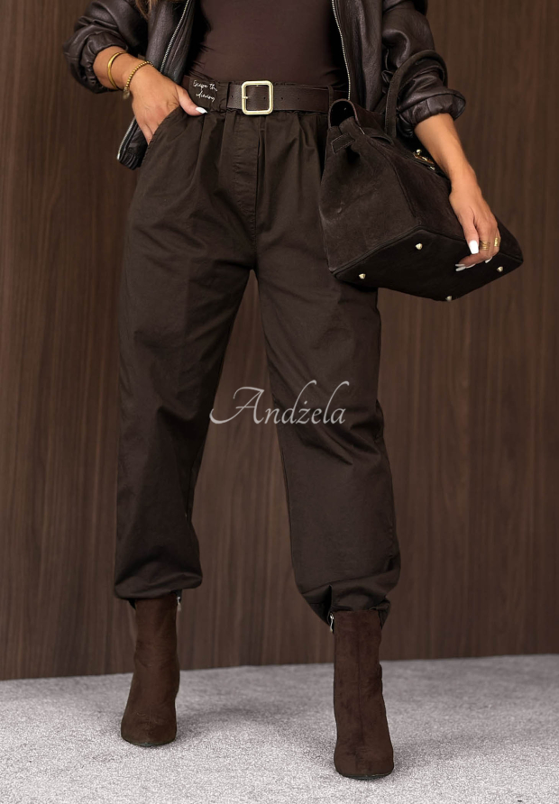 Bavlnen&eacute; nohavice mom fit s opaskom Casual Look čokol&aacute;dov&eacute;