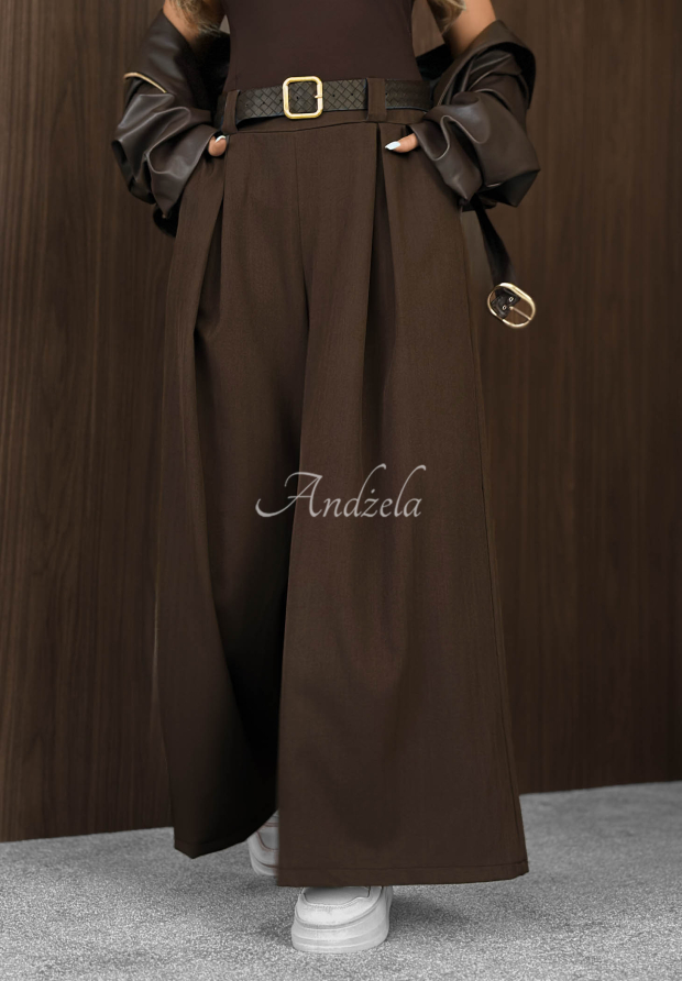 L&aacute;tkov&eacute; nohavice wide leg s opaskom Simple Elegance čokol&aacute;dov&eacute;