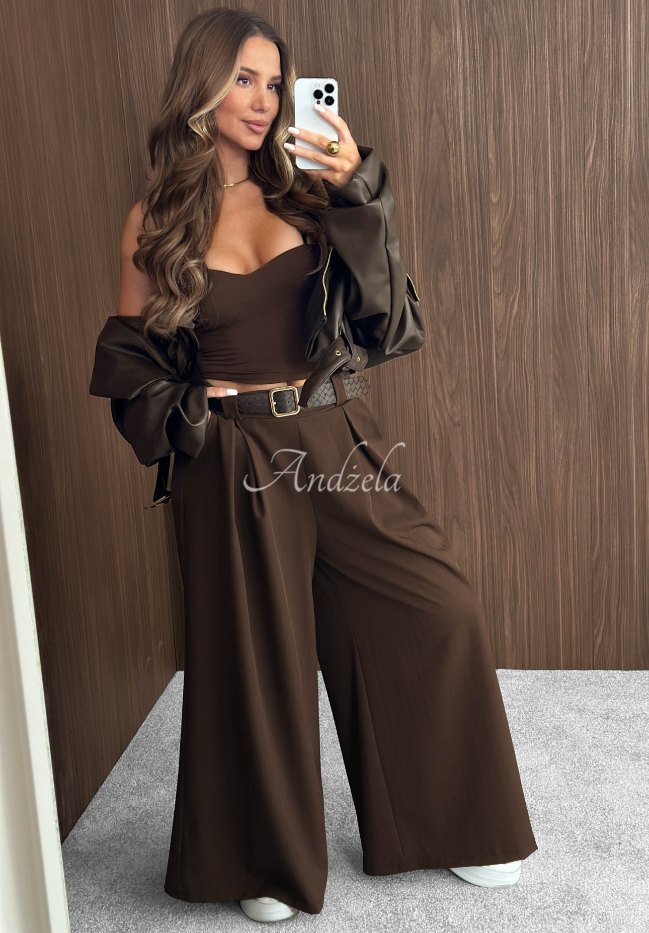 Látkové nohavice wide leg s opaskom Simple Elegance čokoládové
