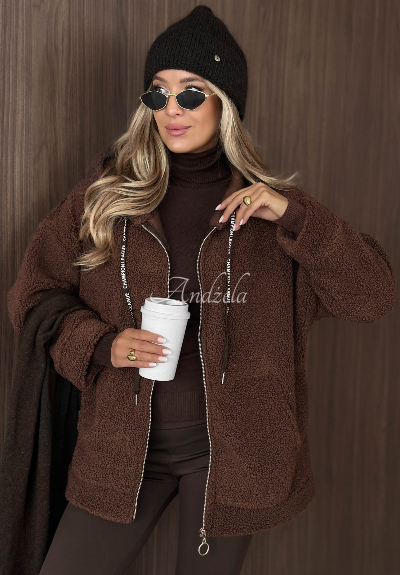 Bunda kožúšok s kapucňou a vreckami Warm Espresso čokoládová