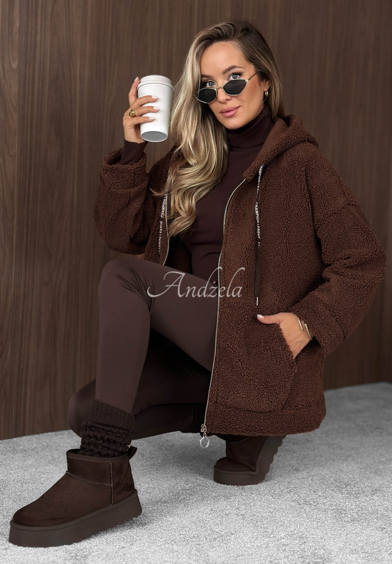 Bunda kožúšok s kapucňou a vreckami Warm Espresso čokoládová