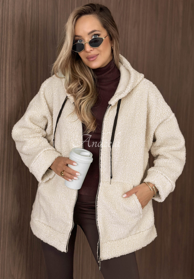 Bunda kož&uacute;&scaron;ok s kapucňou a vreckami Warm Espresso b&eacute;žov&aacute;