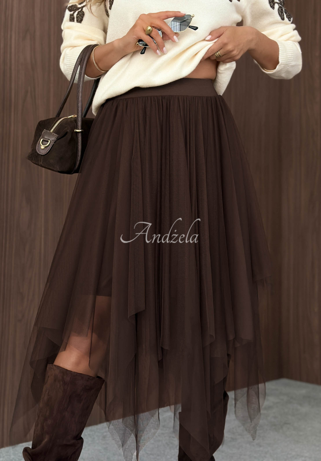 Tylová sukňa midi Style Affair čokoládová