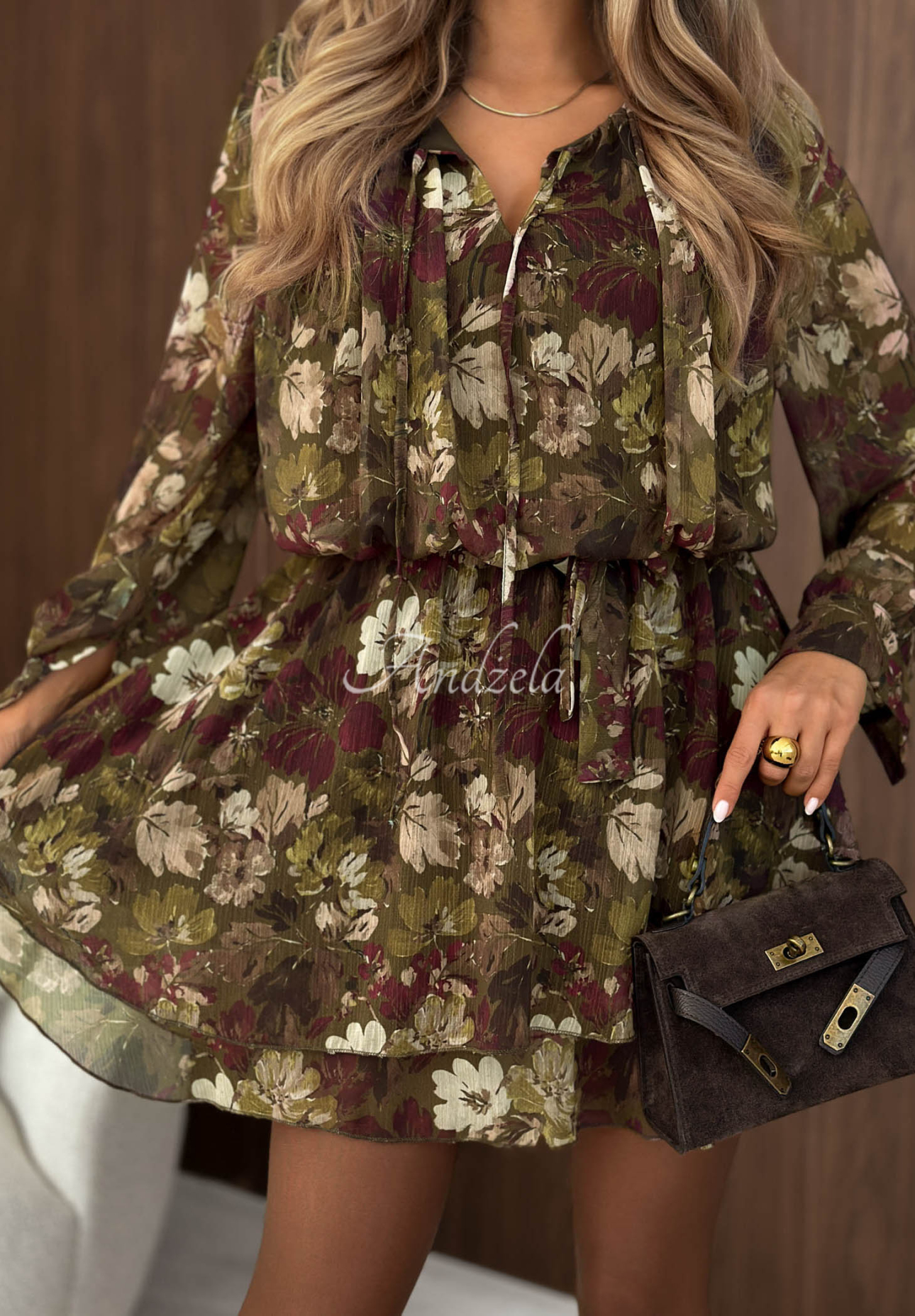 Kvetinové šaty mini s opaskom Fall Bouquet khaki
