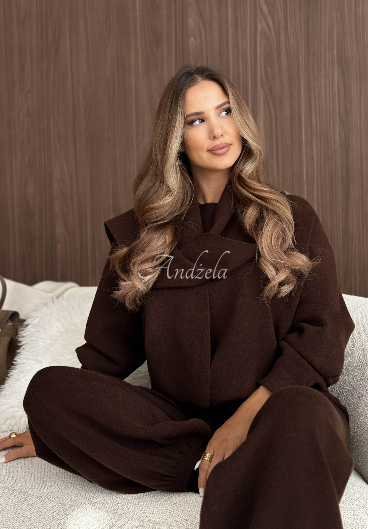 Pletená súprava so šálom s viskózou Style Darling čokoládový