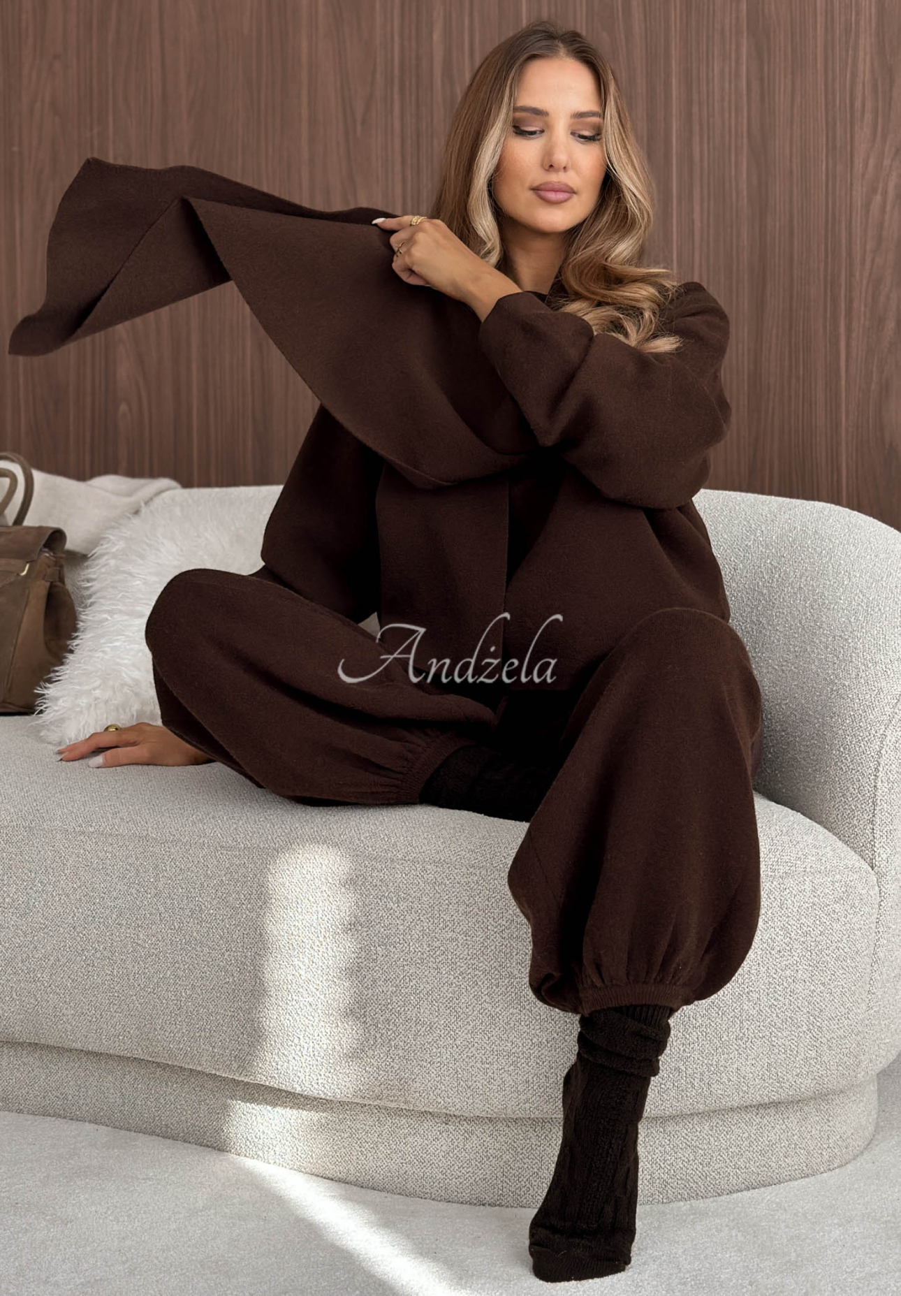 Pletená súprava so šálom s viskózou Style Darling čokoládový