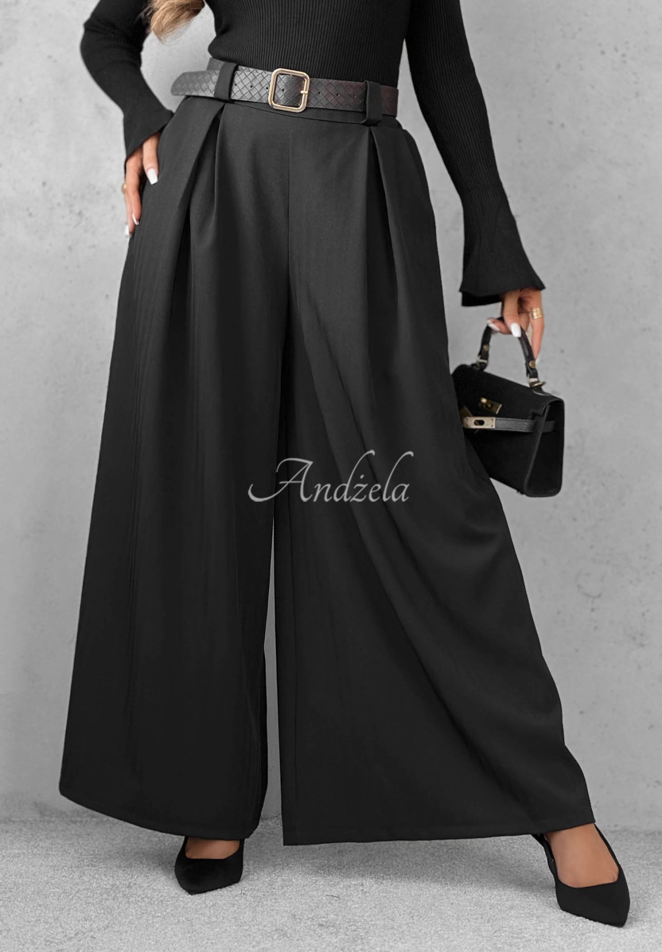 Látkové nohavice wide leg s opaskom Simple Elegance čierne