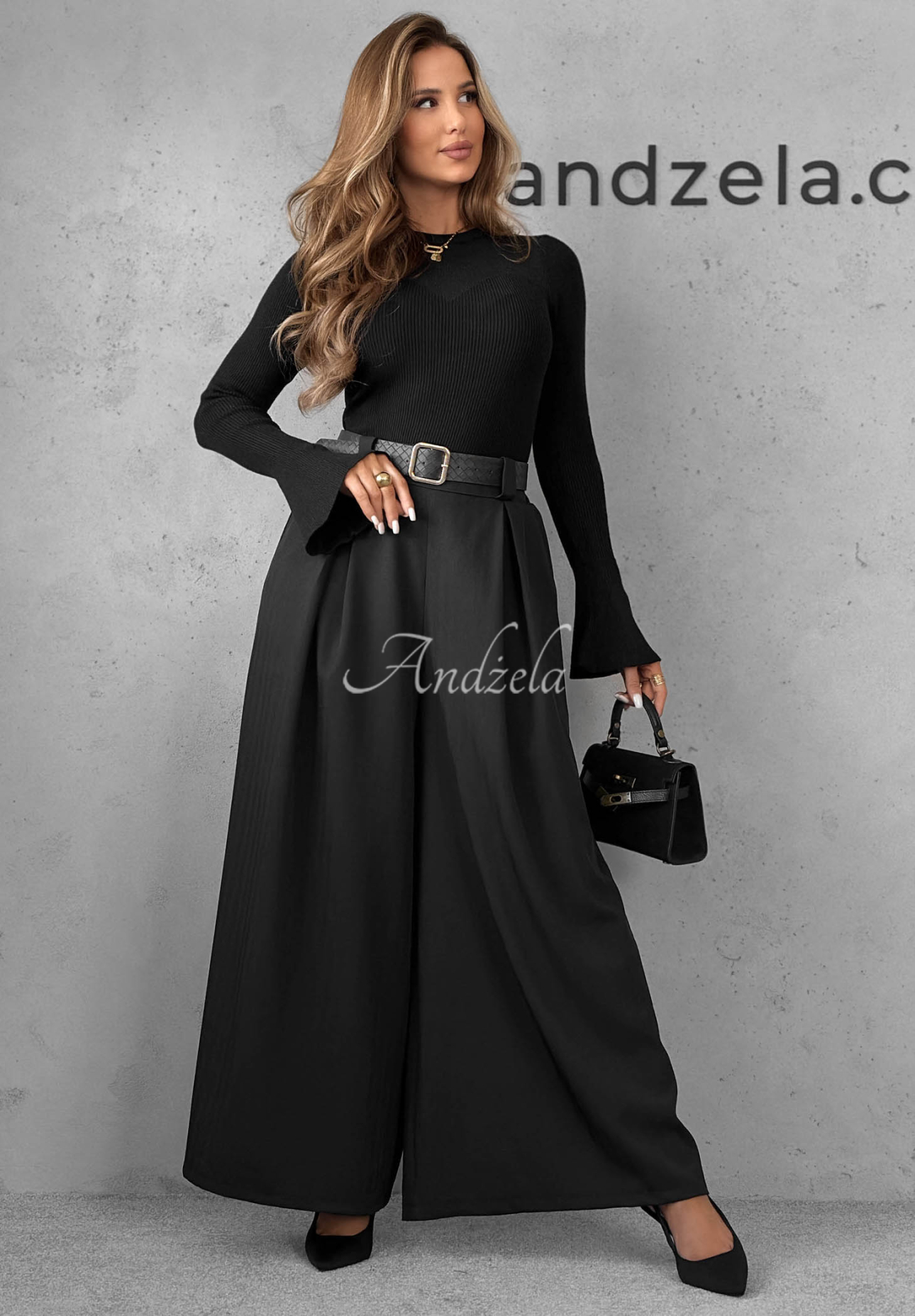Látkové nohavice wide leg s opaskom Simple Elegance čierne