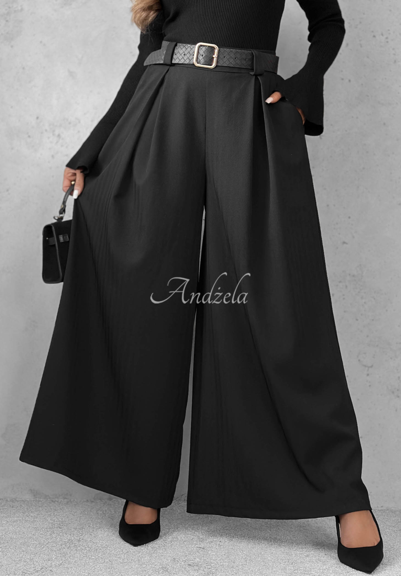 Látkové nohavice wide leg s opaskom Simple Elegance čierne