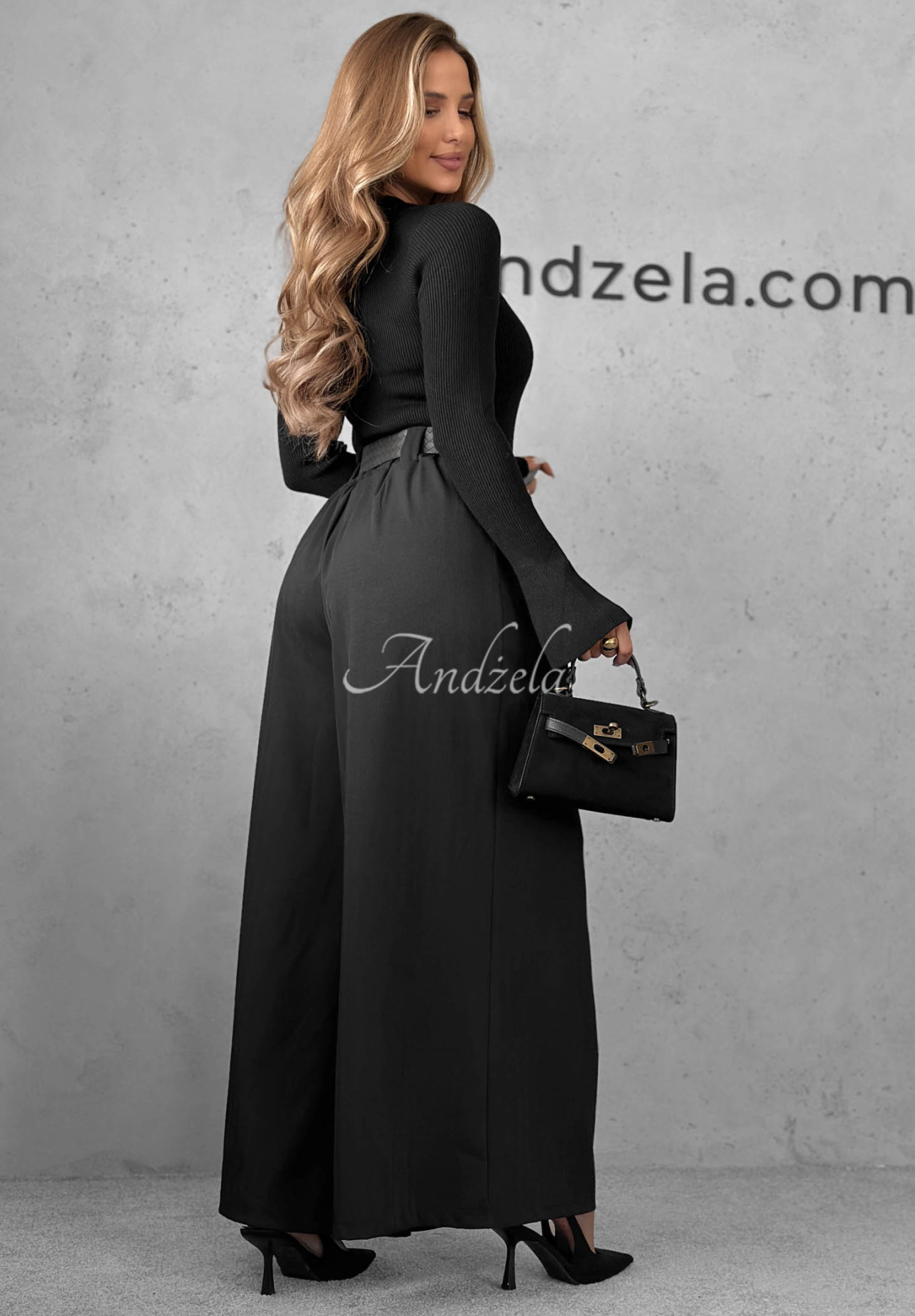 Látkové nohavice wide leg s opaskom Simple Elegance čierne