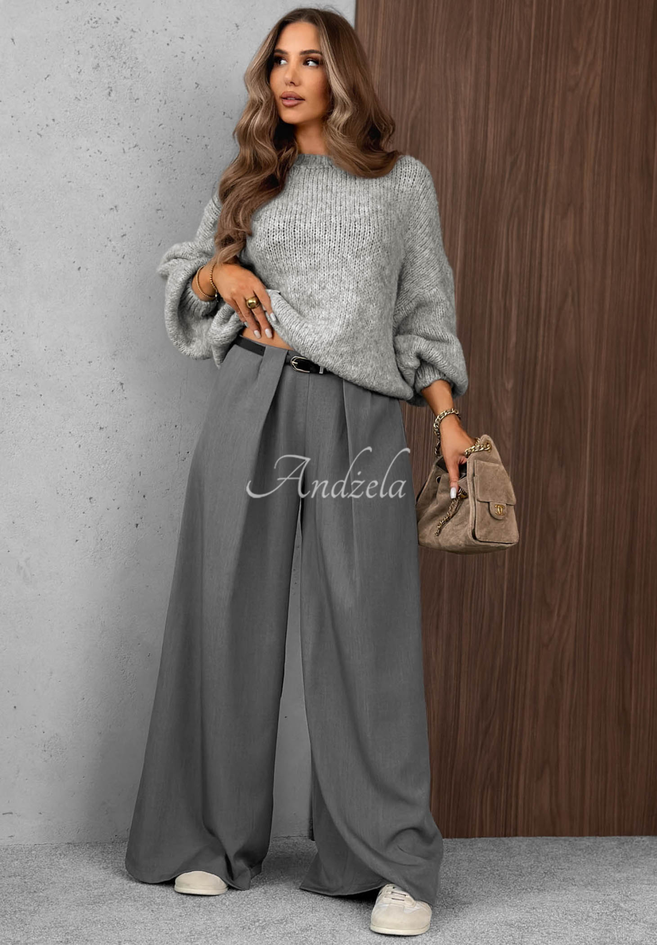 Elegantné nohavice wide leg so záložkami Timeless Poise sivé