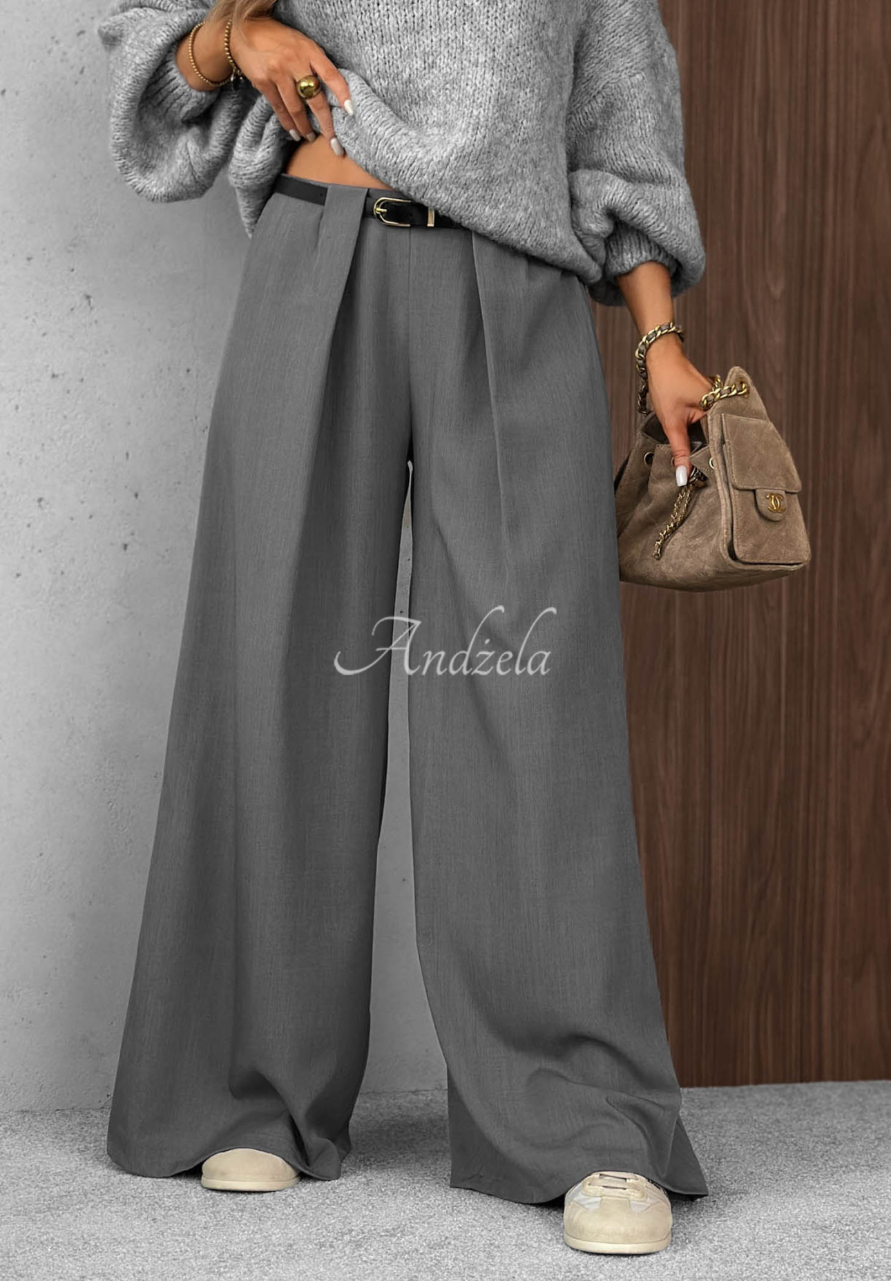 Elegantné nohavice wide leg so záložkami Timeless Poise sivé
