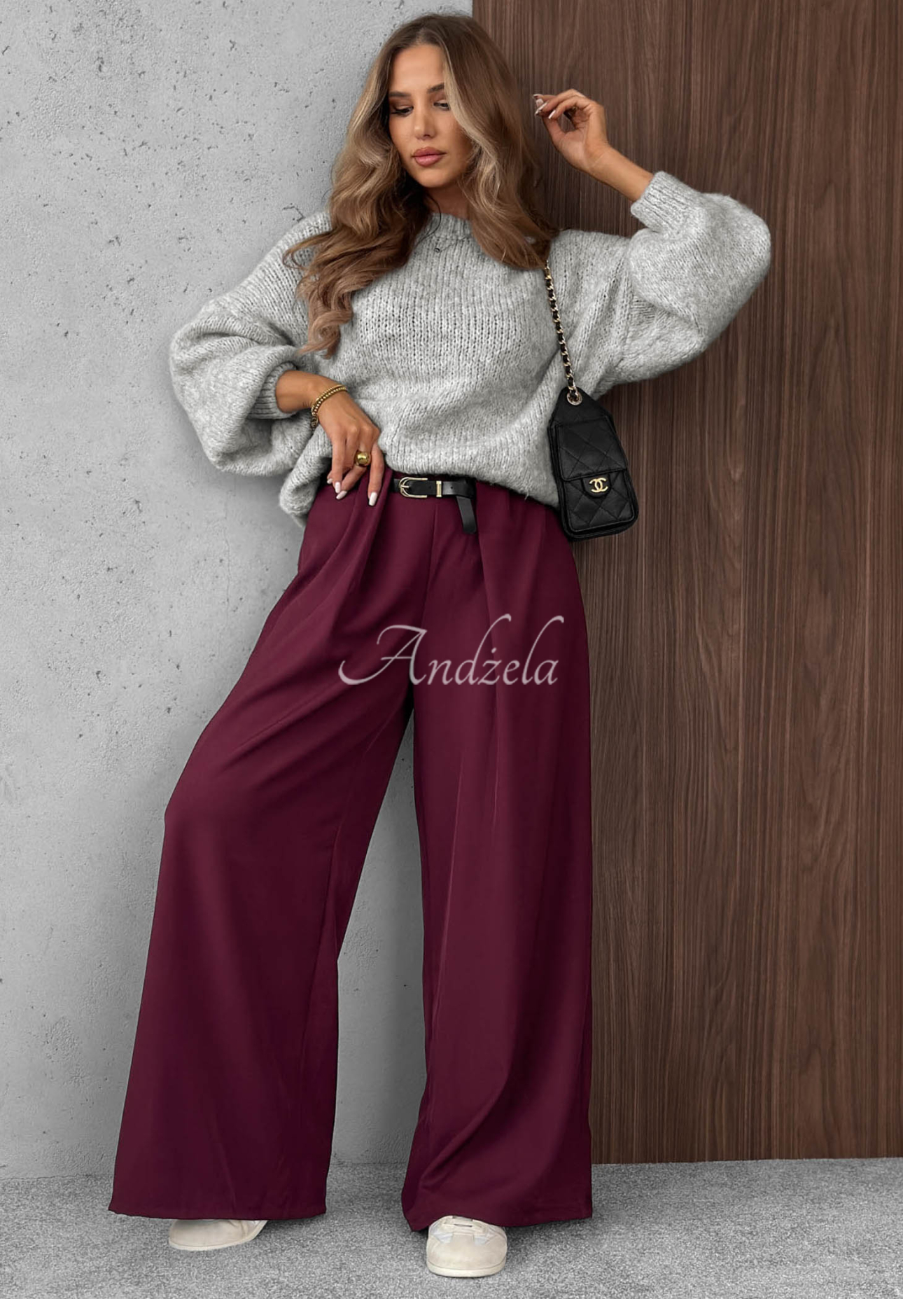 Elegantné nohavice wide leg so záložkami Timeless Poise bordová