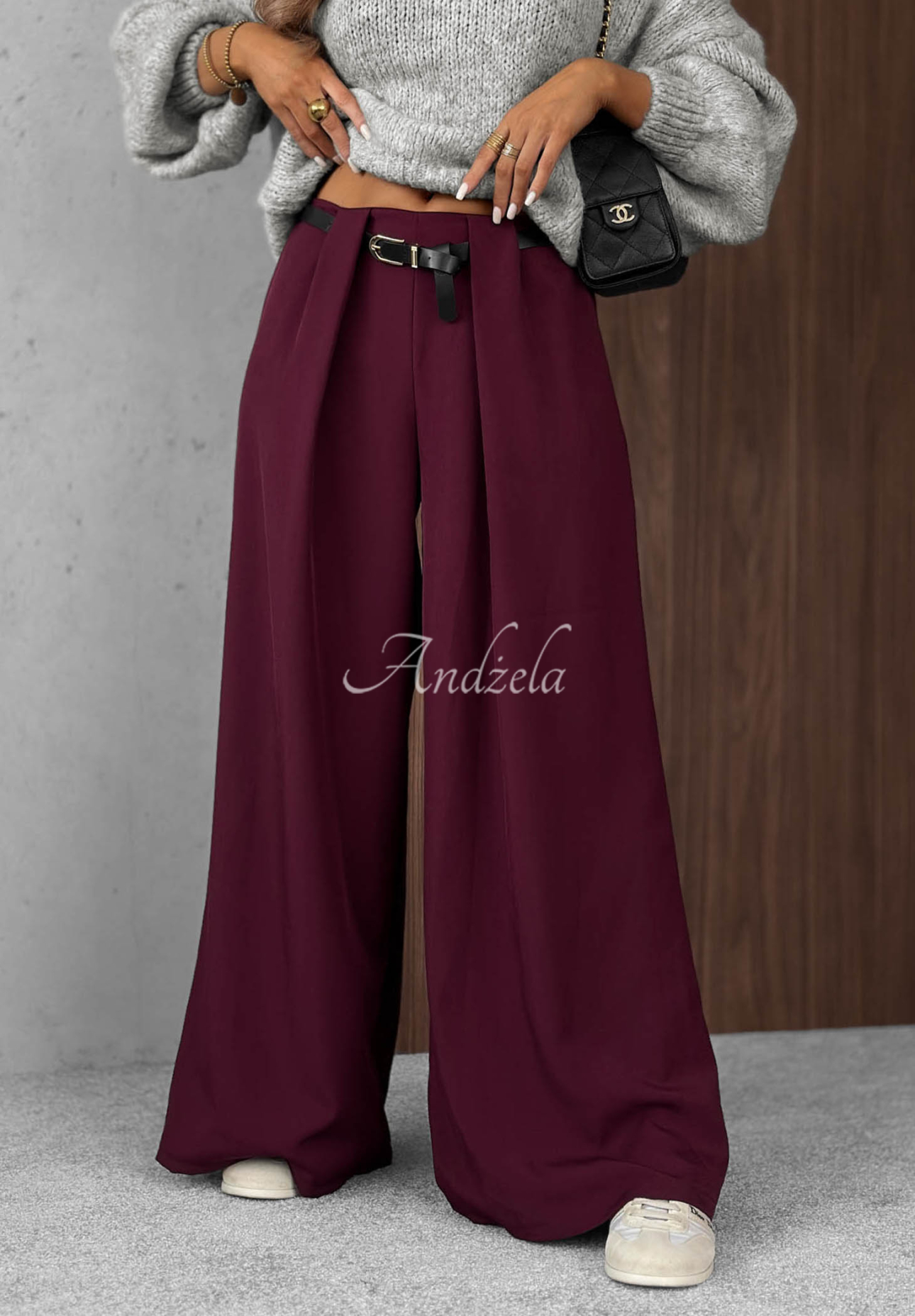 Elegantné nohavice wide leg so záložkami Timeless Poise bordová
