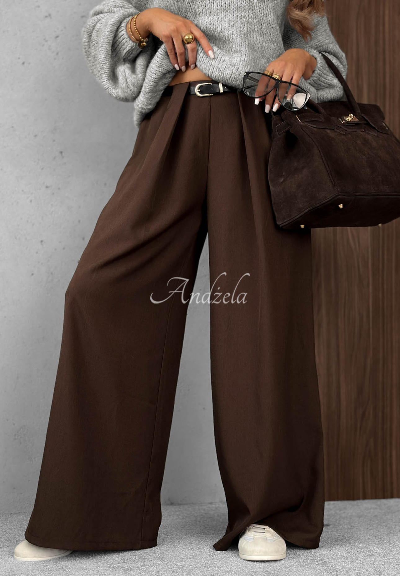 Elegantné nohavice wide leg so záložkami Timeless Poise čokoládové