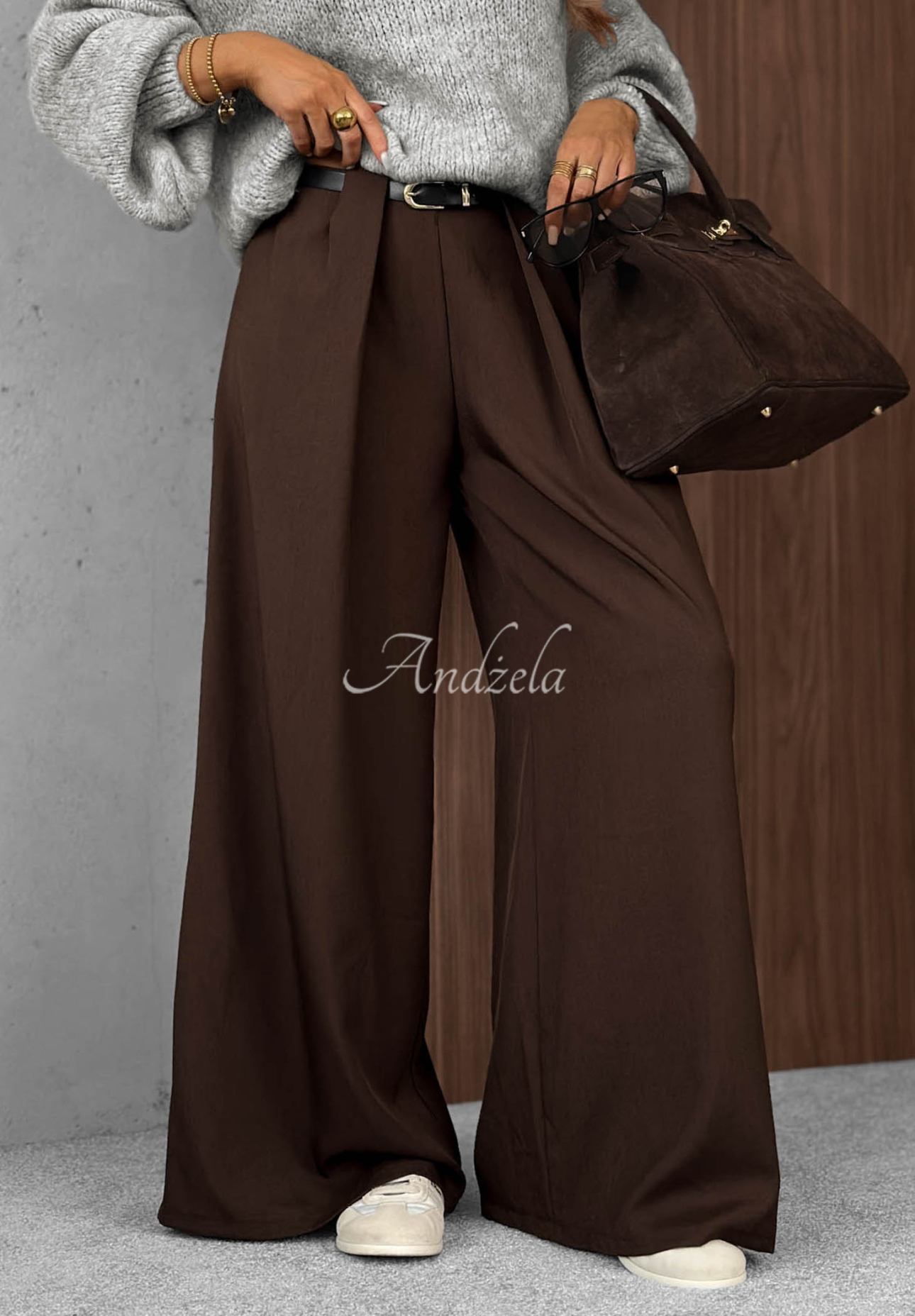 Elegantné nohavice wide leg so záložkami Timeless Poise čokoládové