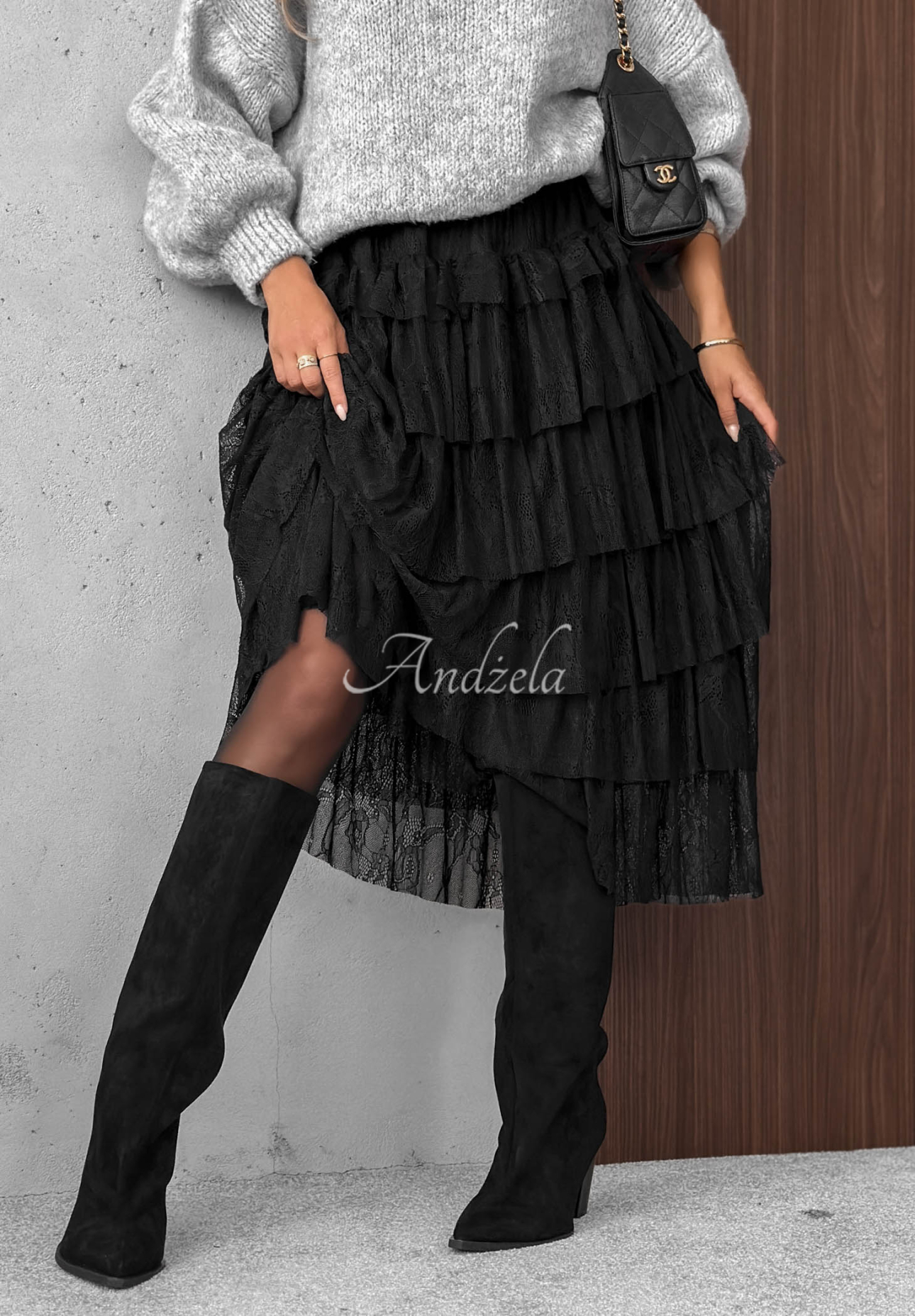 Čipkovaná sukňa midi s volánikmi Romantic Soul čierna