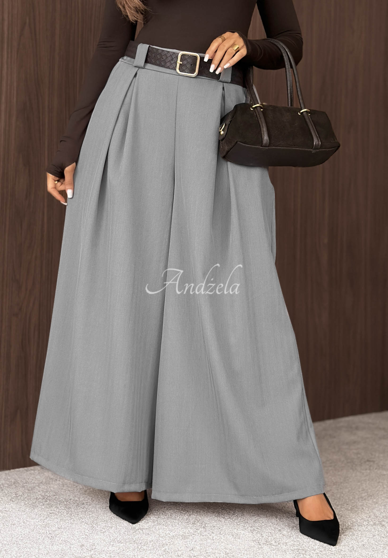 Látkové nohavice wide leg s opaskom Simple Elegance sivé