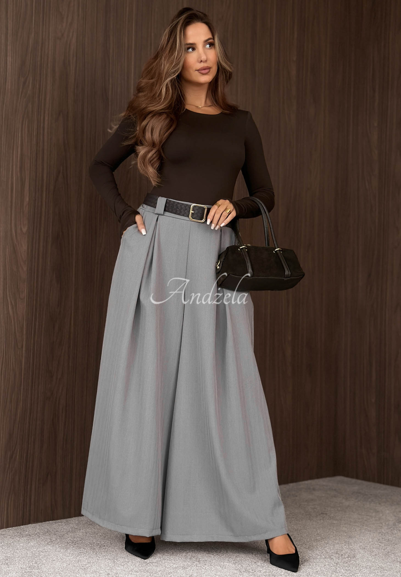 Látkové nohavice wide leg s opaskom Simple Elegance sivé
