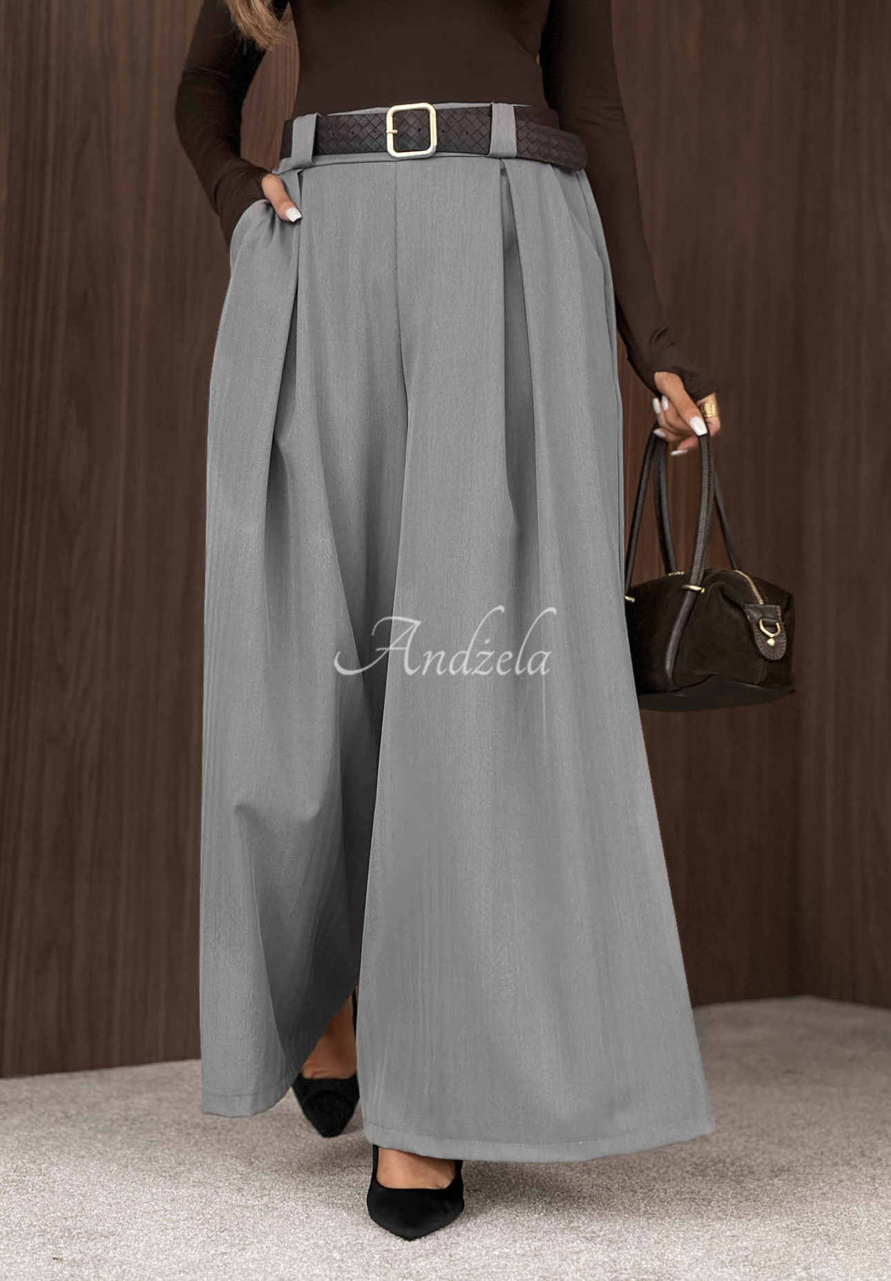 Látkové nohavice wide leg s opaskom Simple Elegance sivé