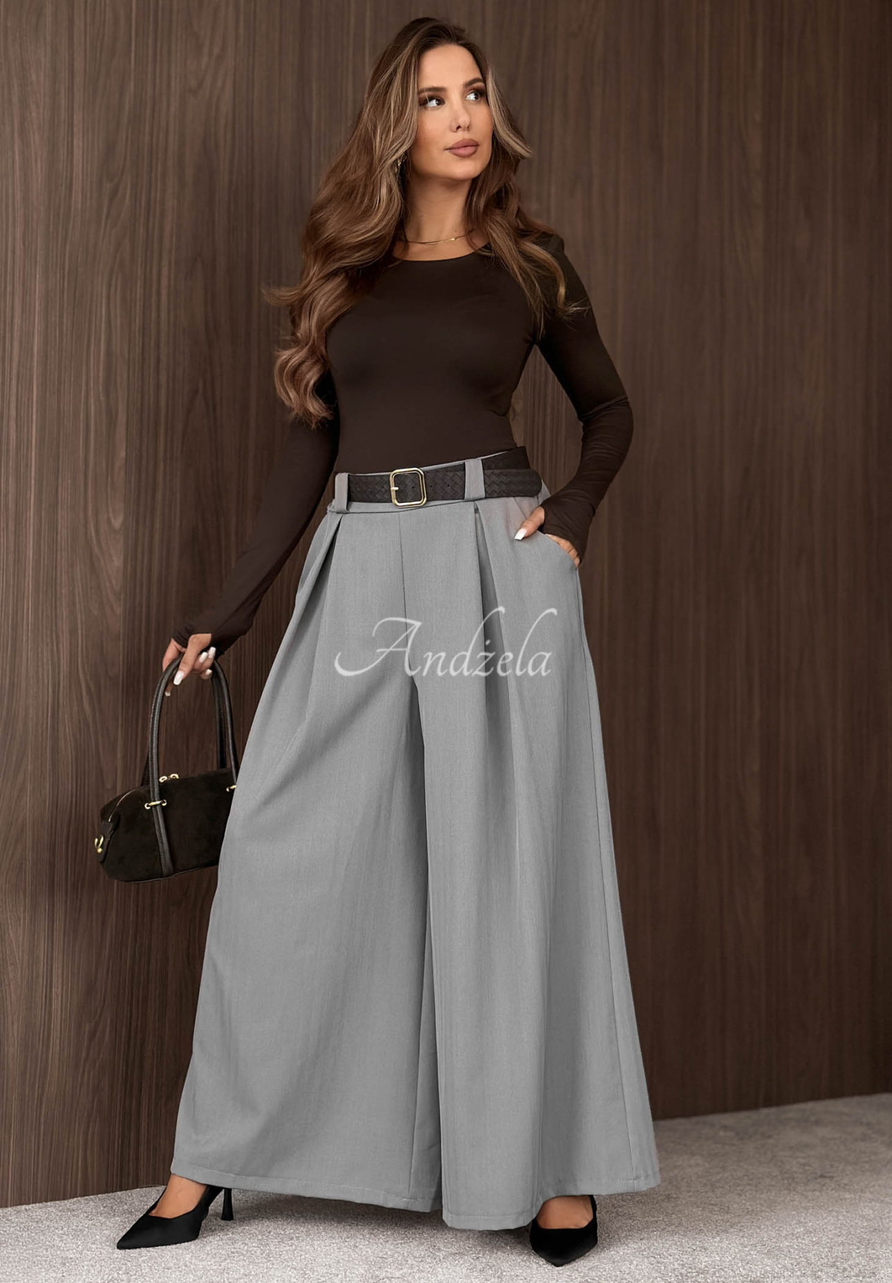 Látkové nohavice wide leg s opaskom Simple Elegance sivé